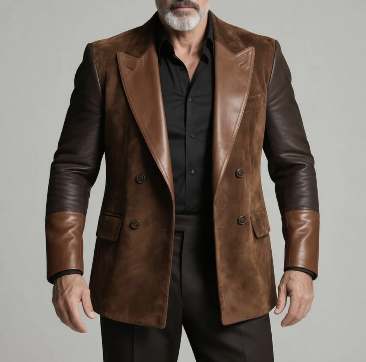 Men’s Premium Leather Blazer – Luxury Brown Double Breasted Jacket