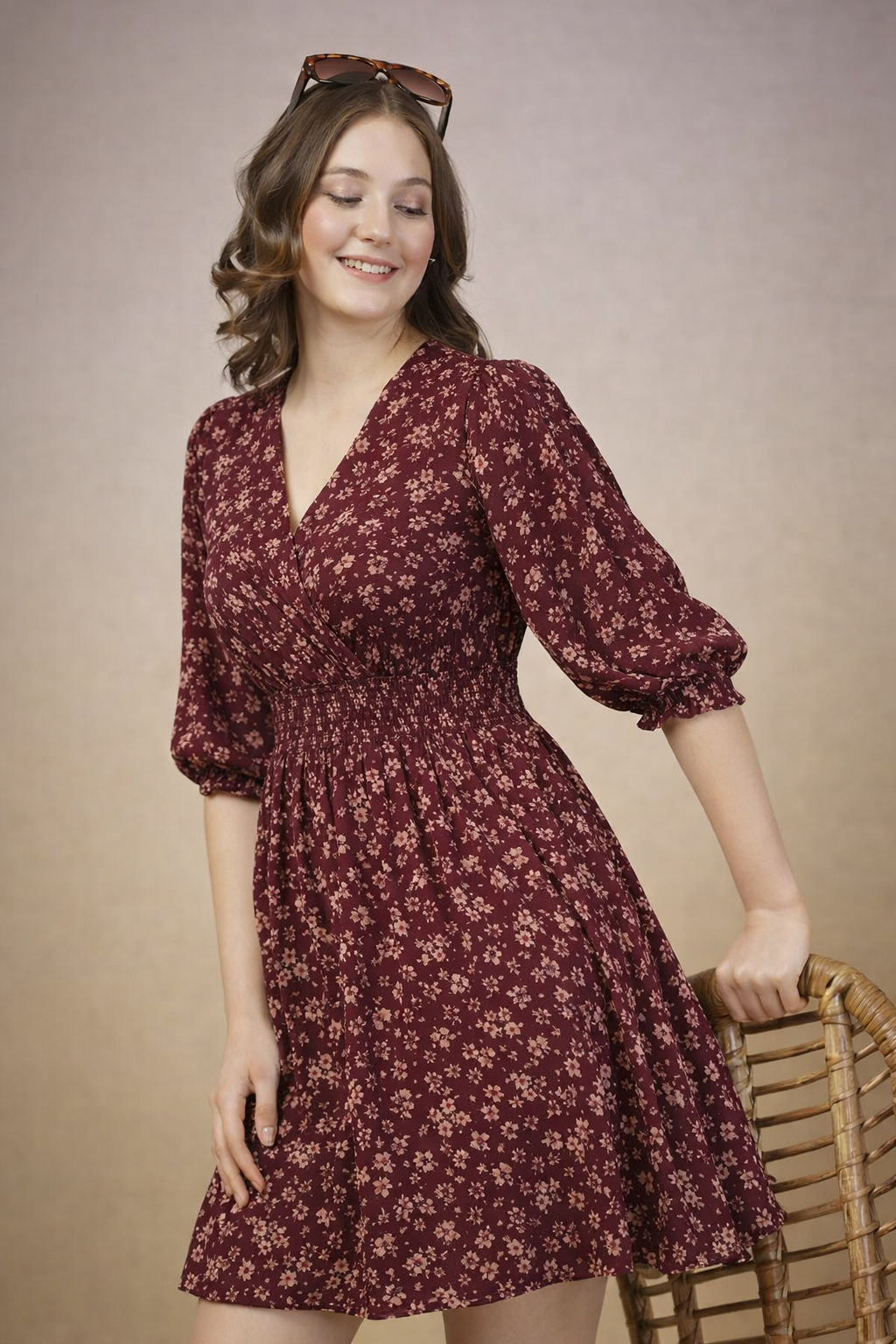 Women’s Maroon Floral Mini Dress – Smocked Waist Casual Party Wear