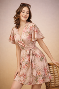 Women’s Peach Floral Wrap Mini Dress – V Neck Summer Party Wear